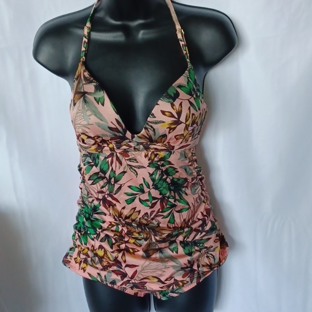 Athleta Aqualuxe Pink Tropical Leaf Strap Back Swim Top & bottom Womens size S